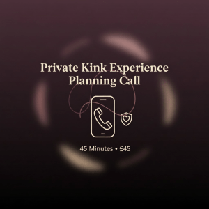 Square product image for a 'Private Kink Experience Planning Call (45 Minutes)' priced at £45. Design must be non-explicit, sensual but professional. Deep plum-to-black gradient background with soft, blurred abstract shapes in muted rose and warm beige. Central minimalist phone icon with a small heart-in-shield or heart-and-lock symbol nearby to represent privacy and safety. Optional subtle rope-like abstract curve behind the phone to hint at kink without showing bodies or explicit gear. Large, legible text centered: 'Private Kink Experience' on first line, 'Planning Call' on second line. Small badge or line with '45 Minutes • £45'. Clean sans-serif typography, high contrast light beige text on dark background, calm and grounded overall vibe.