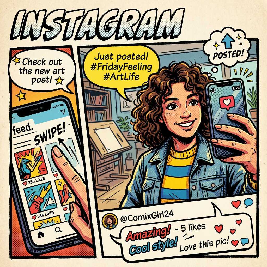 Young woman taking a live selfie and posting art on Instagram feed